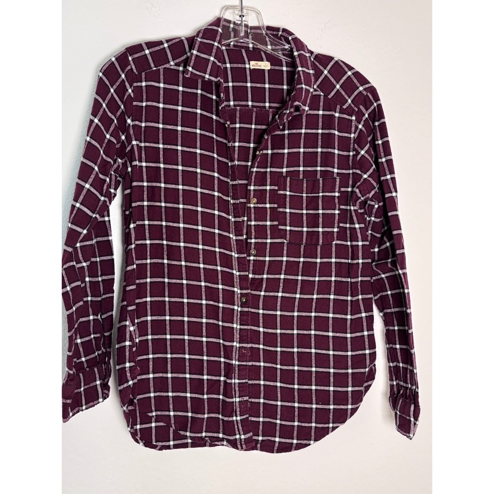 Hollister‎ Burgundy Plaid Flannel Button Down Shirt Small Long Sleeve Pocket